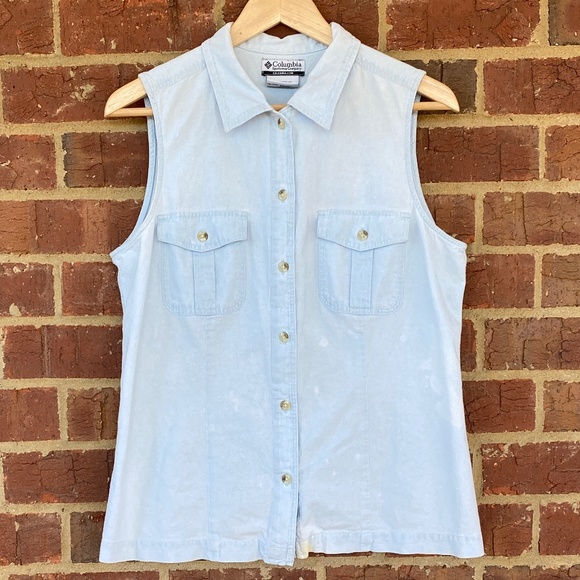 Columbia Sportswear White Wash Denim Collared Button Down Sleeveless Tank - Picture 1 of 9